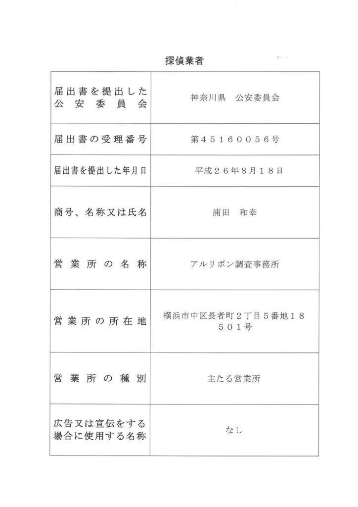 アルリボン調査事務所の探偵業届出証明書